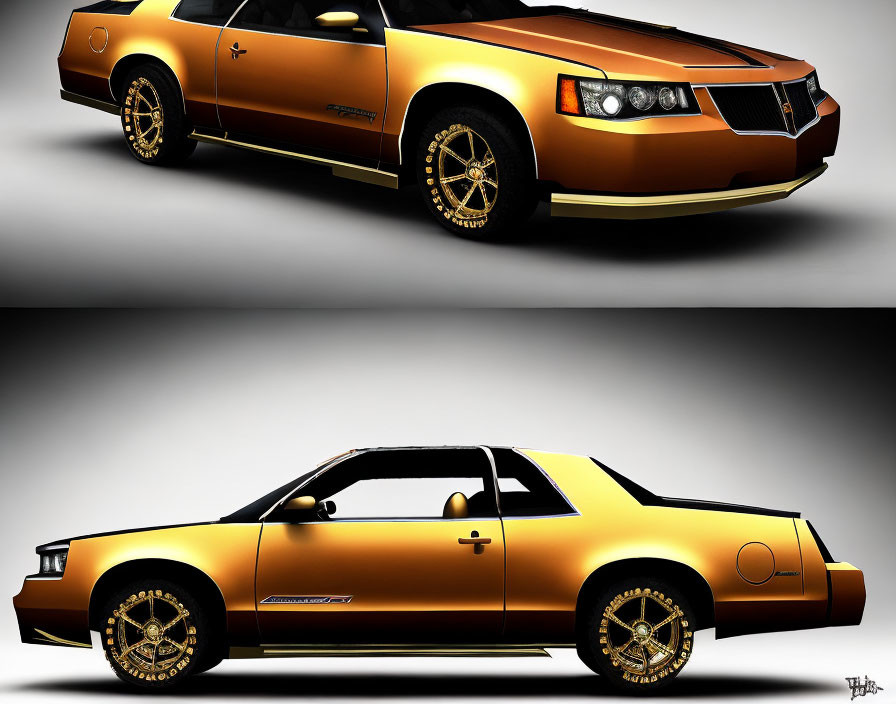 Customized Golden Sports Car with Black Hood and Prominent Rims