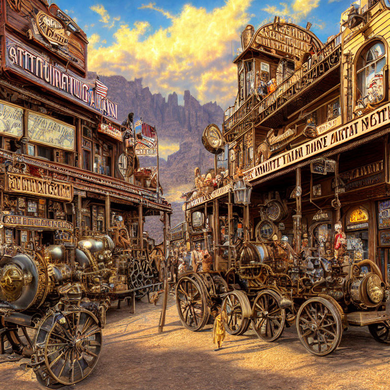 Steampunk-themed street with ornate buildings and steam-powered vehicles