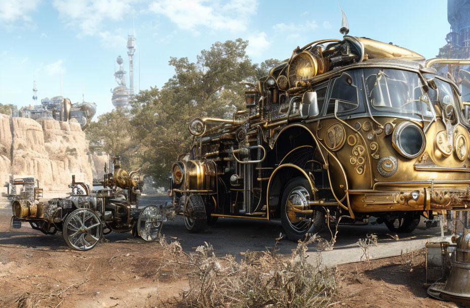 Steampunk-styled vehicle with brass details in futuristic landscape