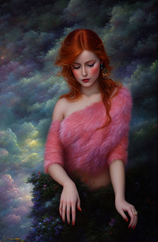 Digital painting: Woman with red hair in pink wrap, nebula background