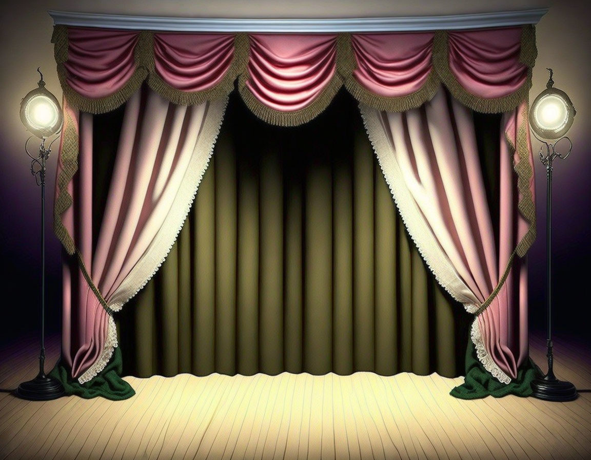 Stage with closed curtains and vintage floor lamps in theater setting