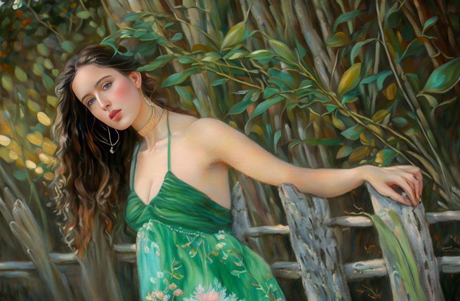 Young woman in green dress leaning on bamboo fence in lush setting