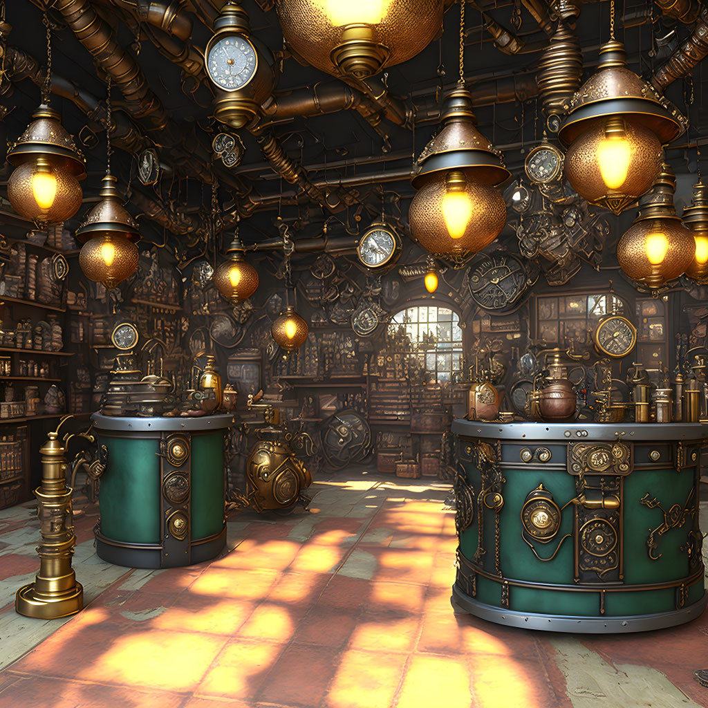 Steampunk-themed Room with Brass Machinery and Books