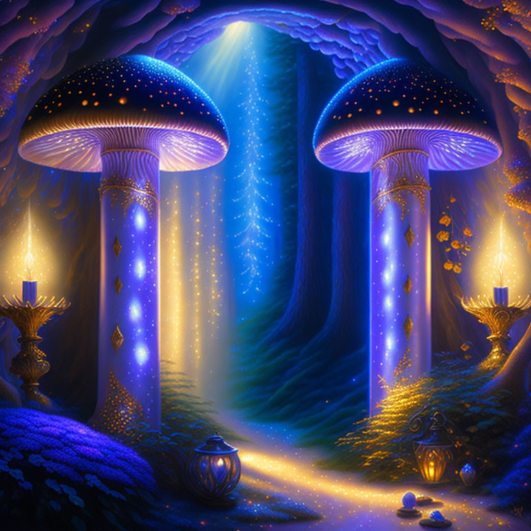 Enchanted forest with oversized glowing mushrooms and fireflies