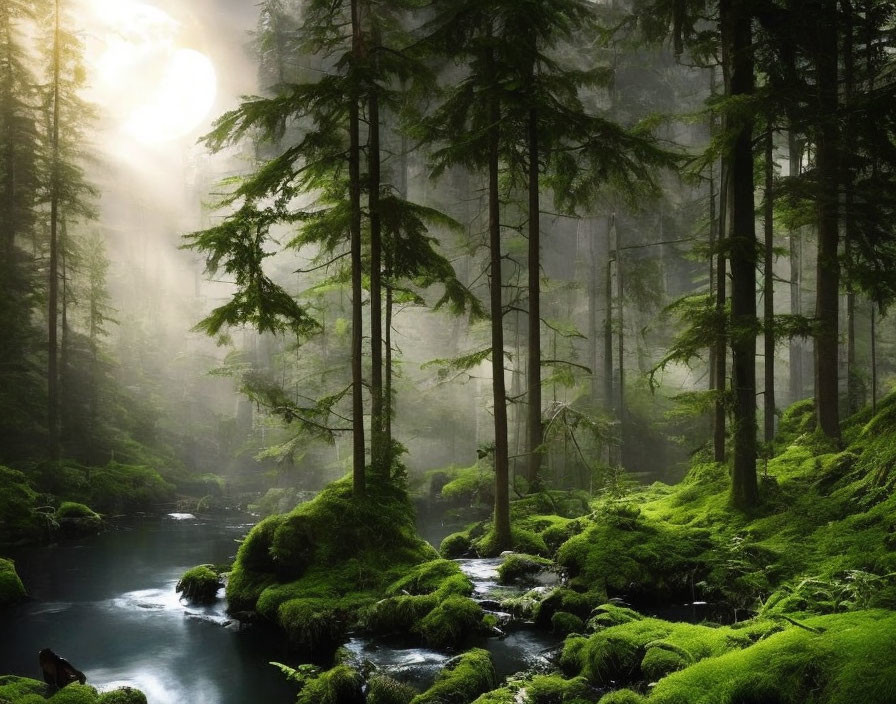 Lush Green Forest with Misty Sunlight, Moss-Covered Rocks, and Stream