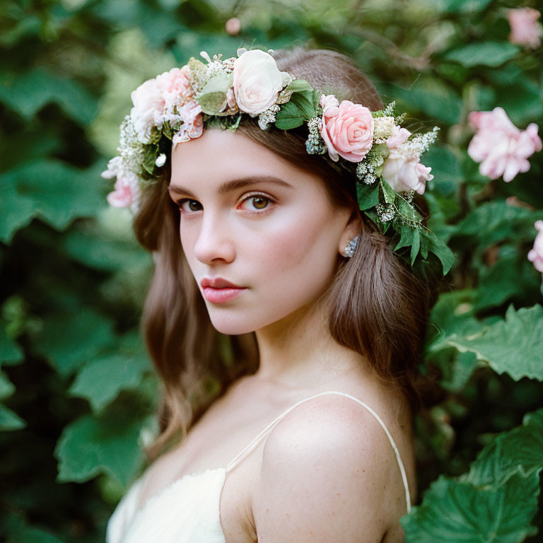 Woman in floral headband gazes serenely in front of green foliage