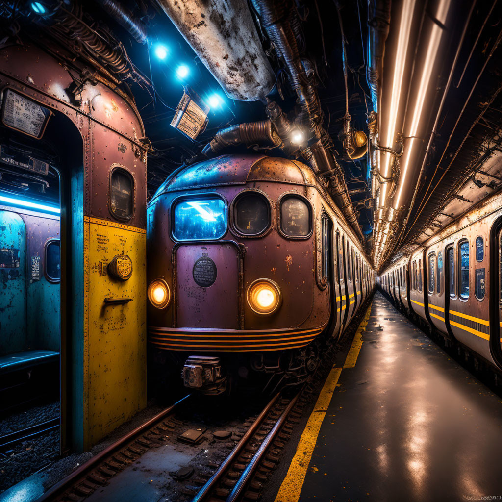 Old trains parked on underground tracks with dramatic lighting.