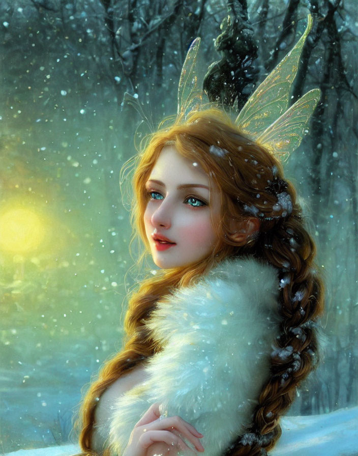 Ethereal woman with wing-like ears in snowy forest landscape