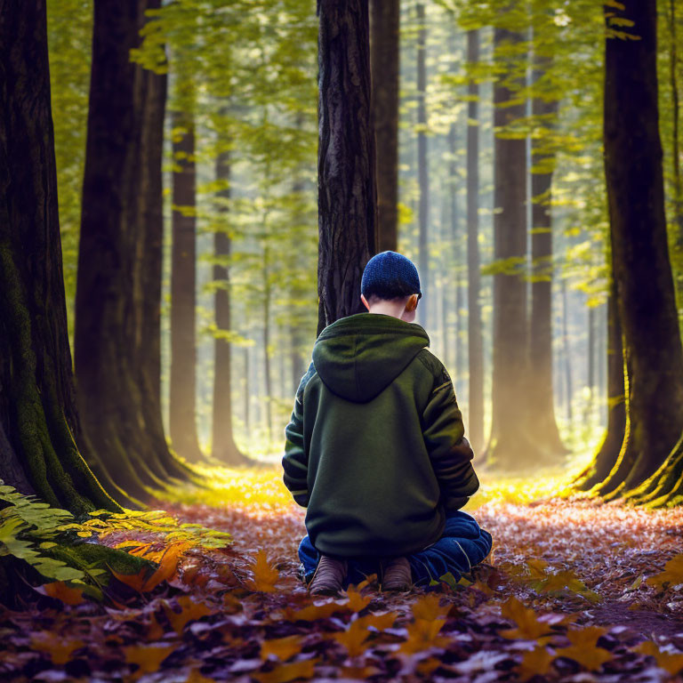 Person in Green Hoodie and Beanie Sitting in Serene Forest