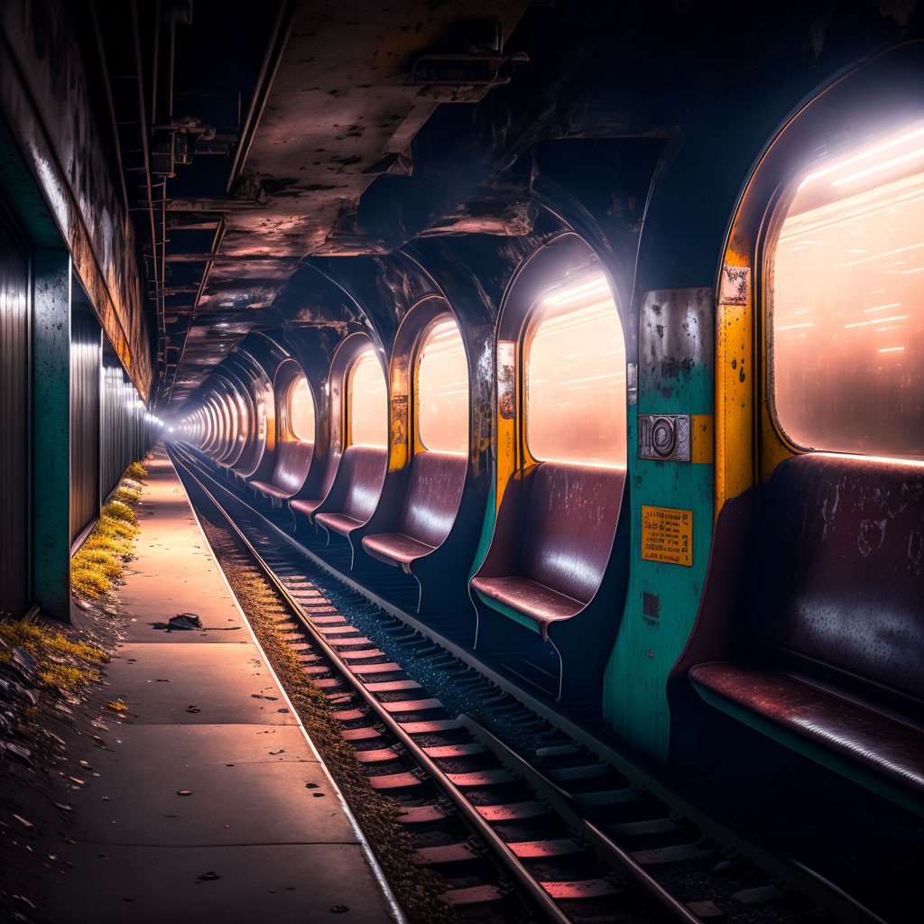 Empty subway car with orange seats in dimly lit tunnel