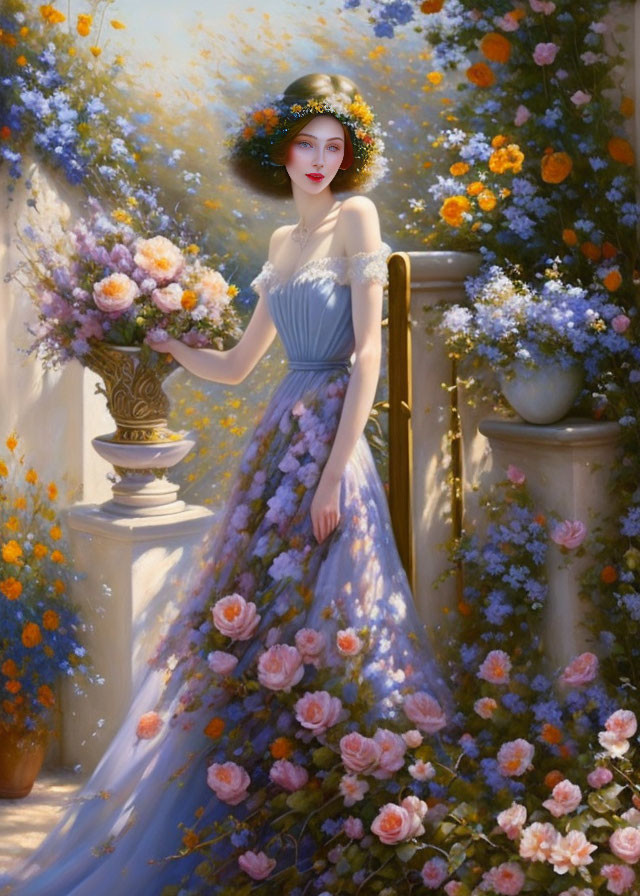 Portrait of a Woman in Flowery Setting with Bouquet