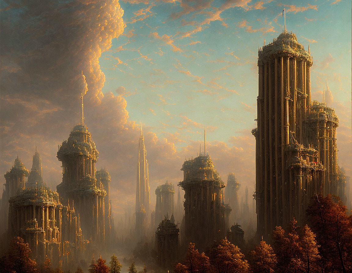 Fantastical cityscape with ornate skyscrapers in warm light under dramatic sky