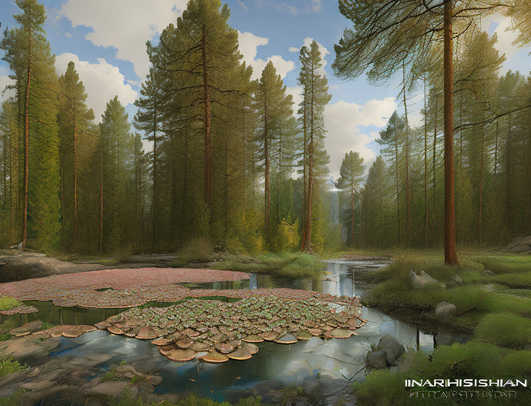 Tranquil forest scene with tall pine trees, stream, and water lilies