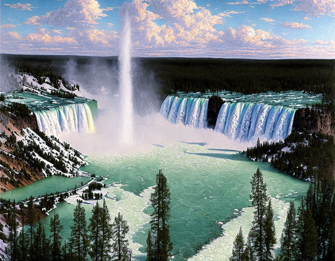 Scenic landscape with geyser, waterfalls, and forest