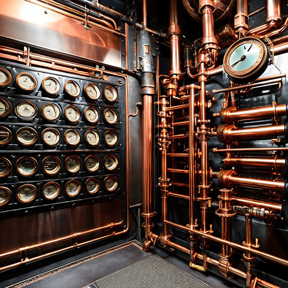 Vintage Ship's Engine Room with Brass Gauges, Pipes, and Pressure Dial