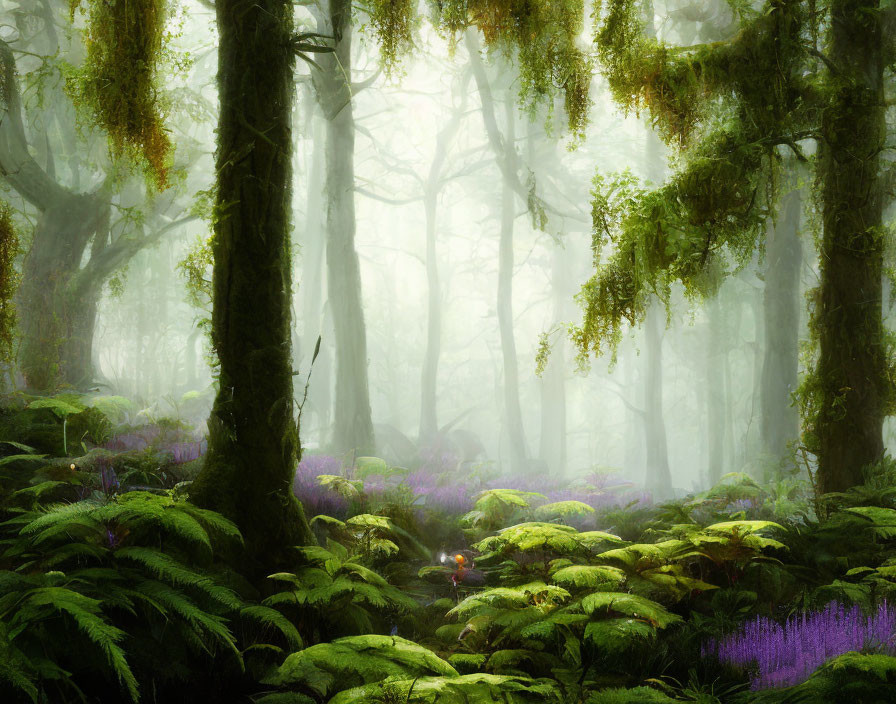 Enchanting forest scene with fog, moss, ferns, and flowers