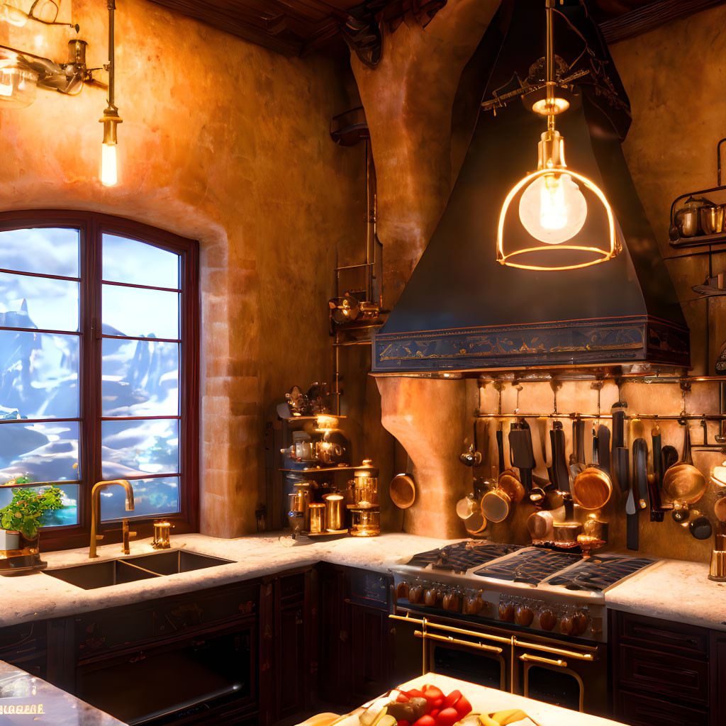 Warmly lit kitchen with copper pots, stove, marble countertops, and snowy landscape view.