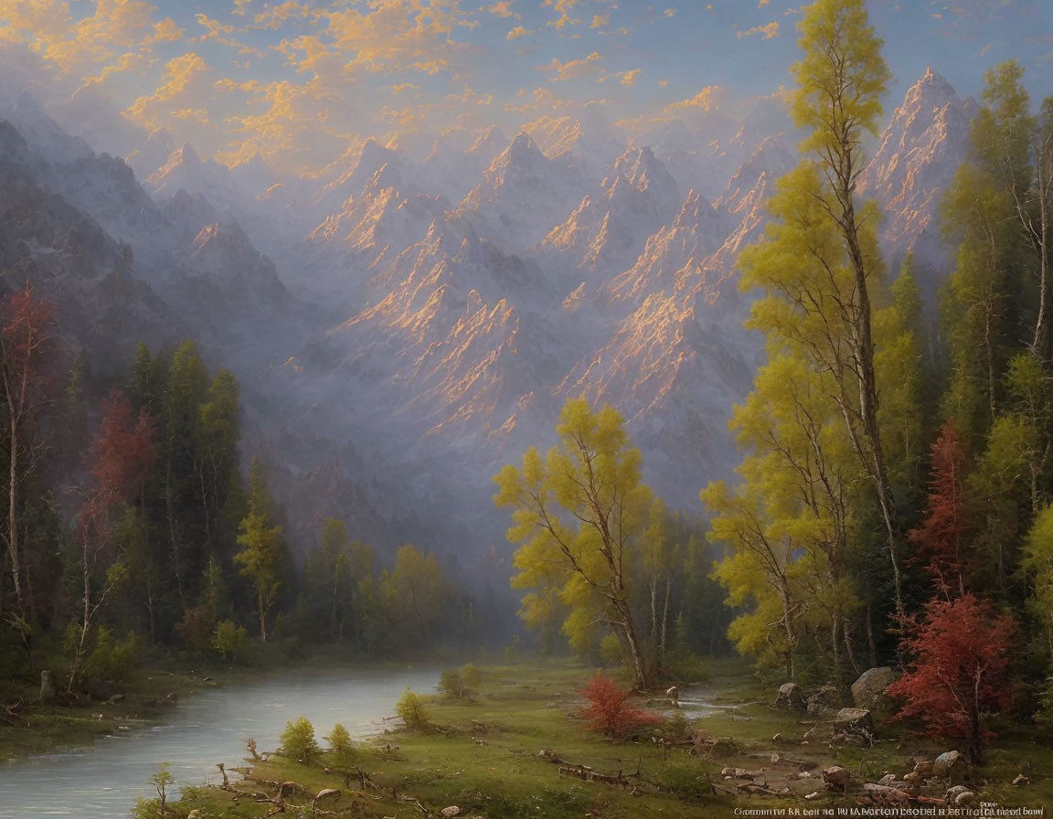 Tranquil forest river scene with autumn colors and sunlit mountains