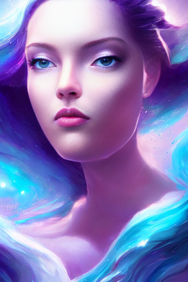 Ethereal woman portrait with blue and purple hues