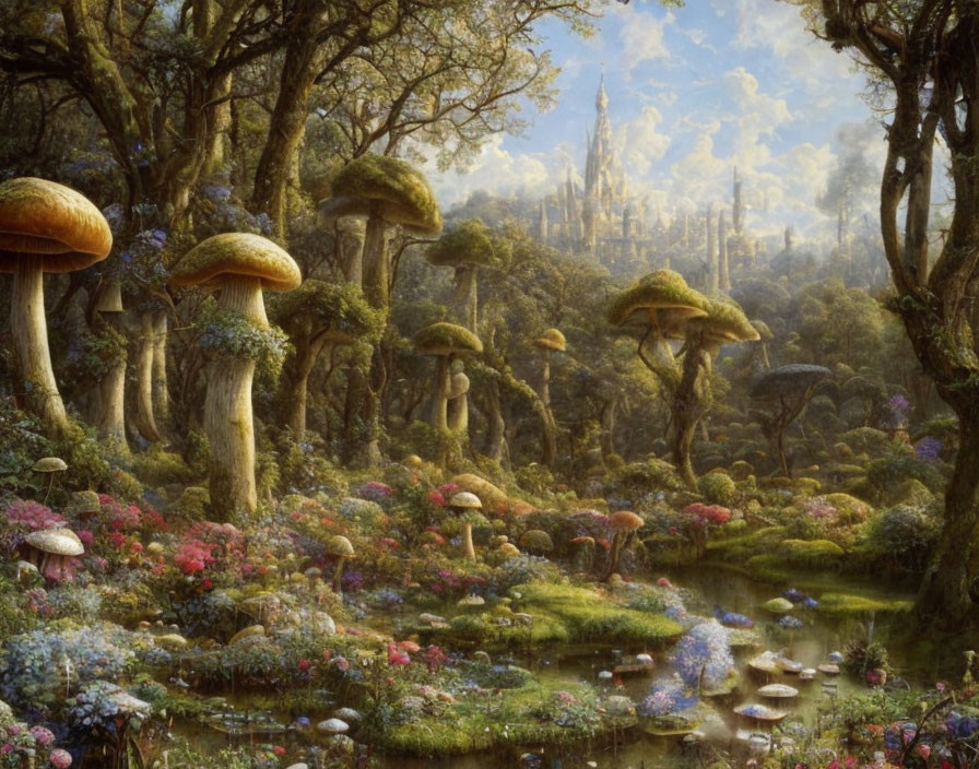 Fantasy landscape with oversized mushrooms, colorful flowers, and a castle.