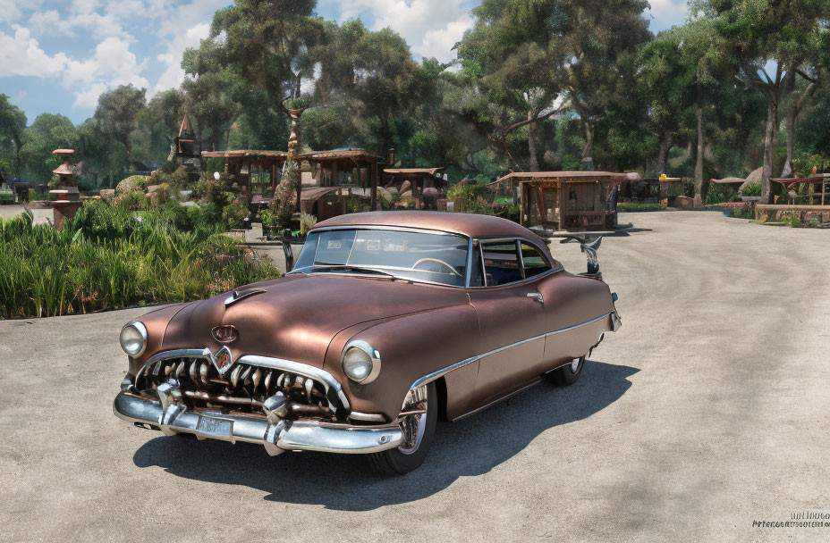 Bronze vintage car on gravel path with picnic tables and lush green trees on sunny day