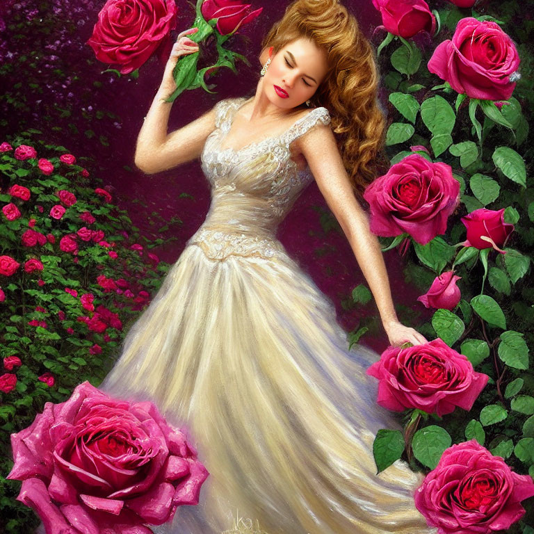 Woman in elegant gown surrounded by vibrant pink roses exudes romantic aura