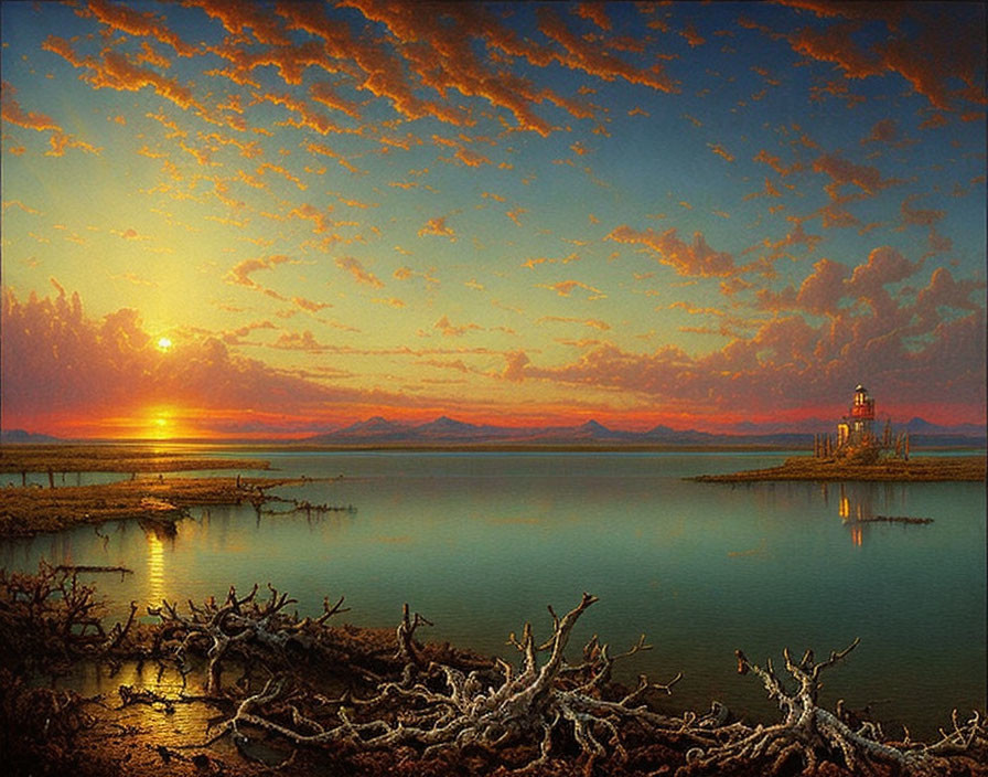 Tranquil sunset landscape with lighthouse, lake, and dramatic clouds