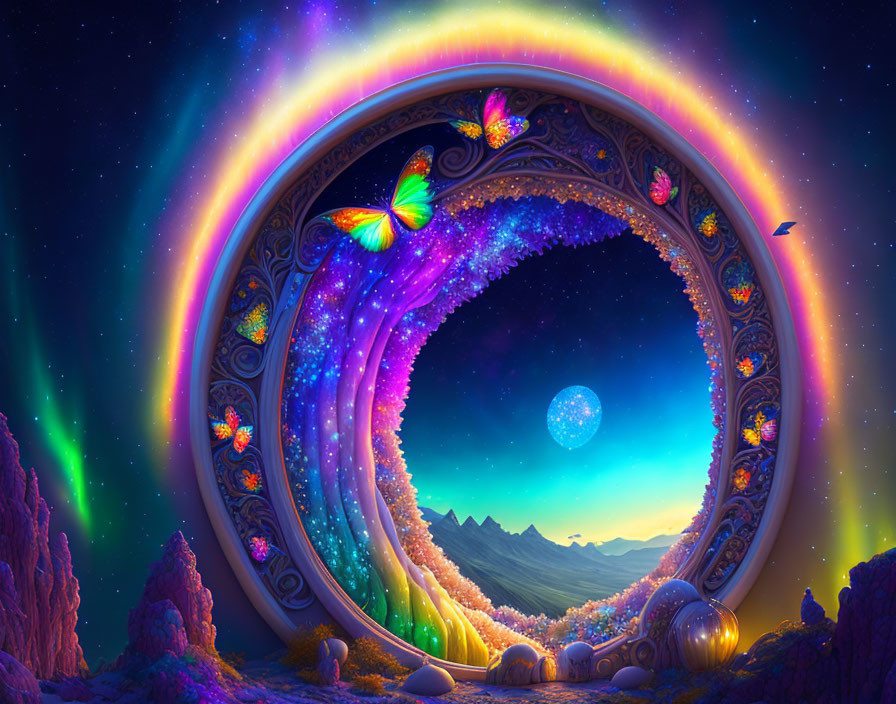 Circular cosmic portal digital artwork with mountain landscape, butterflies, starry sky.