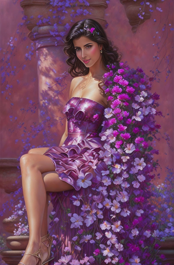 Woman in purple floral dress surrounded by blooming flowers and petals.