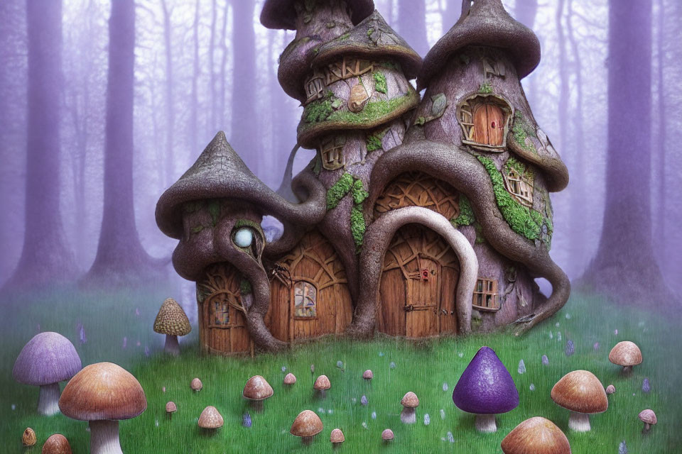 Illustration of multi-storied fairy tale treehouse in misty forest