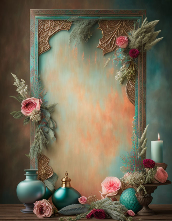 Ornate Empty Frame with Flowers, Candle, and Vases on Wooden Surface