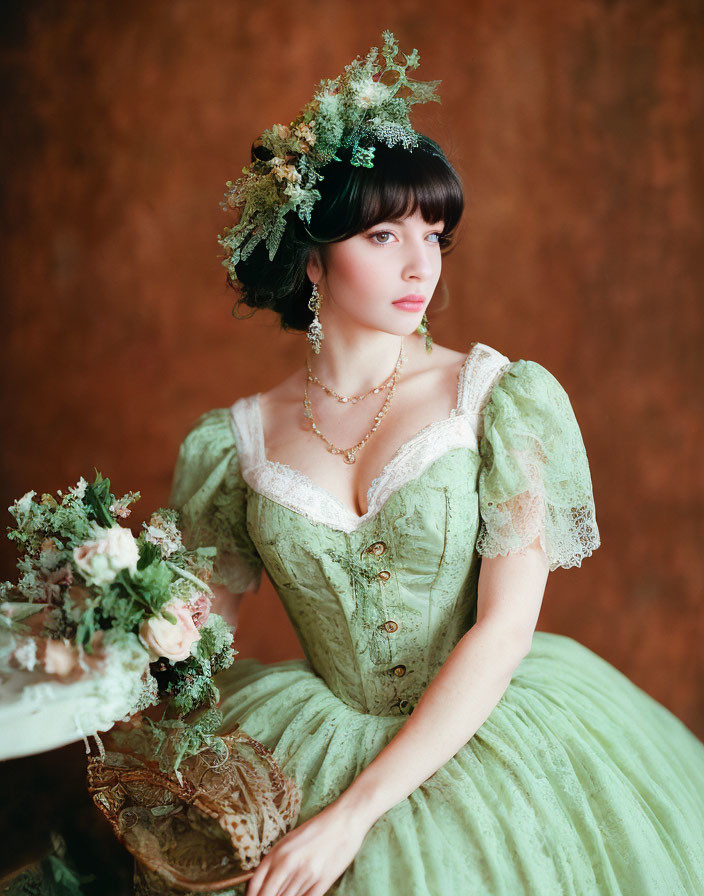 Vintage Green Dress with Lace Details and Floral Headpiece on Woman Against Warm Brown Backdrop