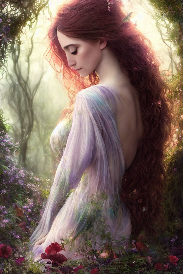 Red-haired woman with pointed ears in pastel gown in blooming forest