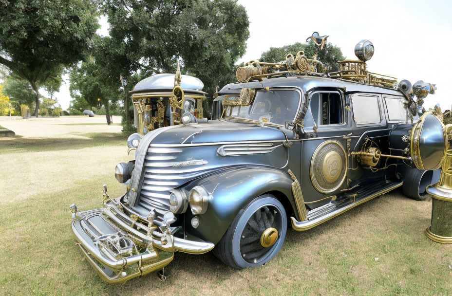 Vintage car with steampunk design: brass accents, ornate gadgets.