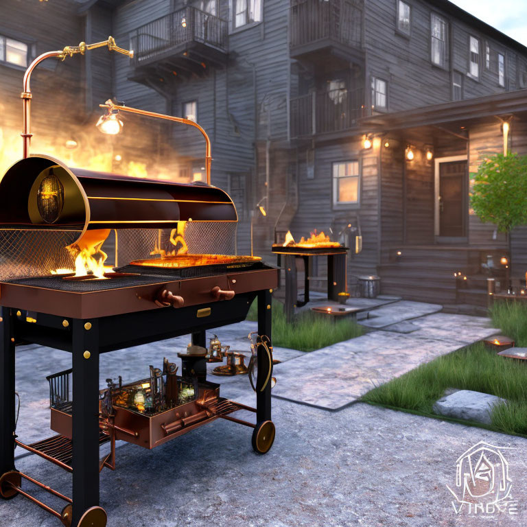 Realistic 3D-rendered outdoor barbecue scene with flaming grill and patio area