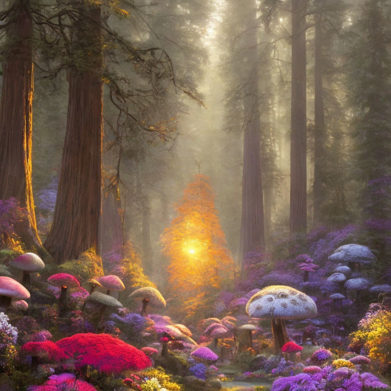 Enchanting forest scene with towering trees and colorful flora