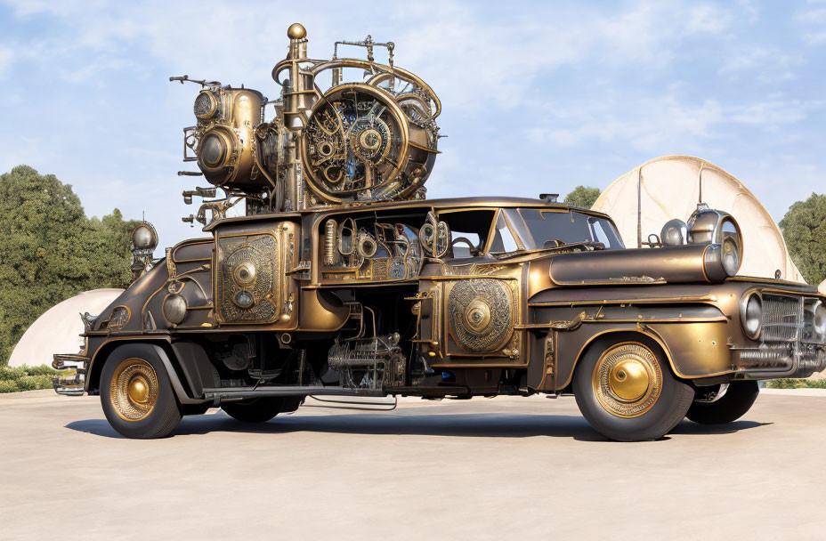 Steampunk-inspired vehicle with brass machinery on classic car chassis