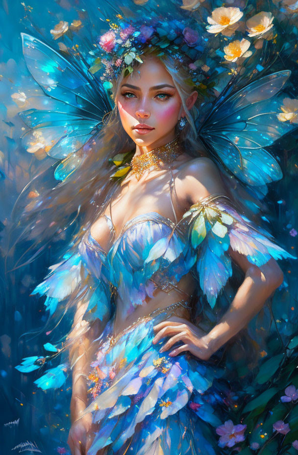 Female fairy fantasy portrait with iridescent wings and floral adornments