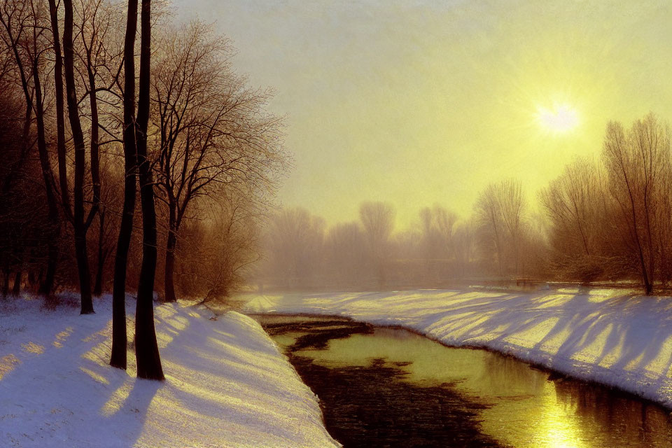 Snow-covered Riverbank and Bare Trees in Tranquil Winter Scene