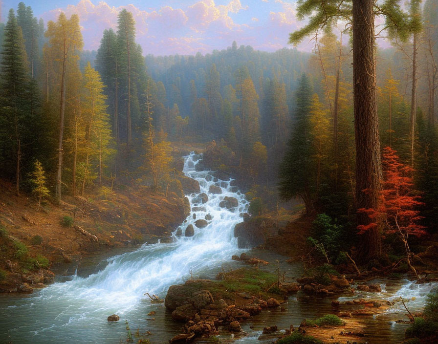 Tranquil forest landscape with waterfall, pine trees, and autumn foliage