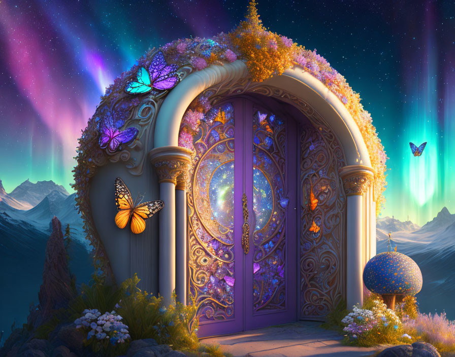 Purple Door with Golden Details Surrounded by Flowers, Northern Lights, and Butterflies