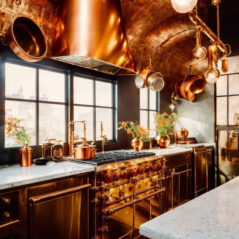 Modern kitchen design with copper accents, large windows, and warm lighting