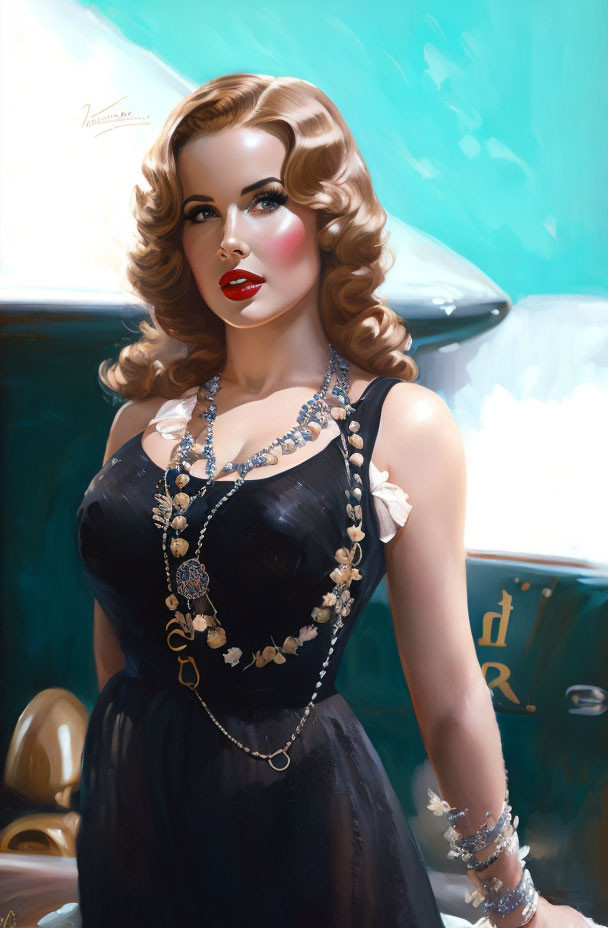 Glamorous woman with wavy hair, red lipstick, black dress, jewelry, vintage nautical