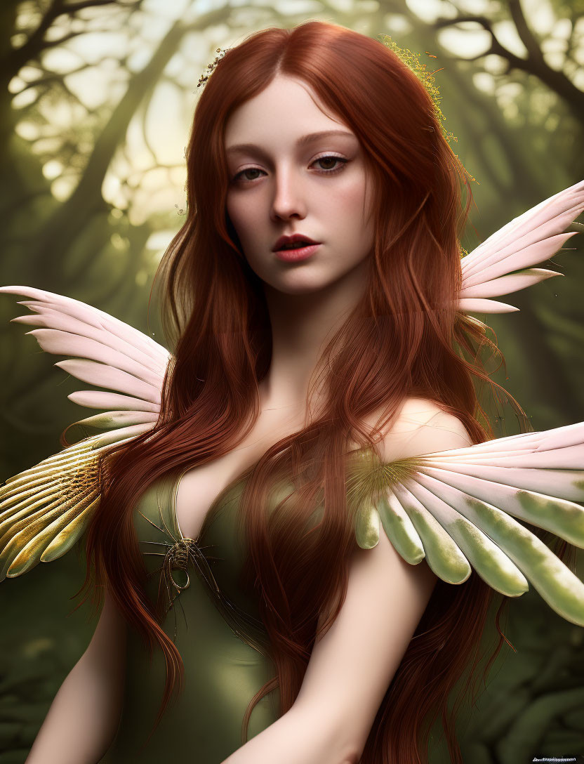 Fantasy image: Woman with red hair and bird wings in forest.