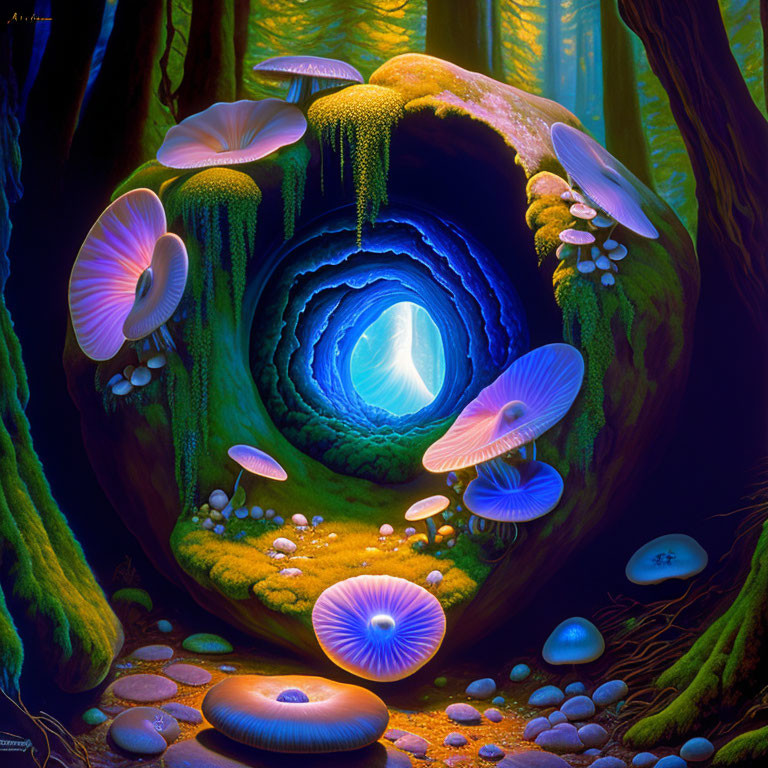 Enchanting forest scene with glowing log and luminescent mushrooms