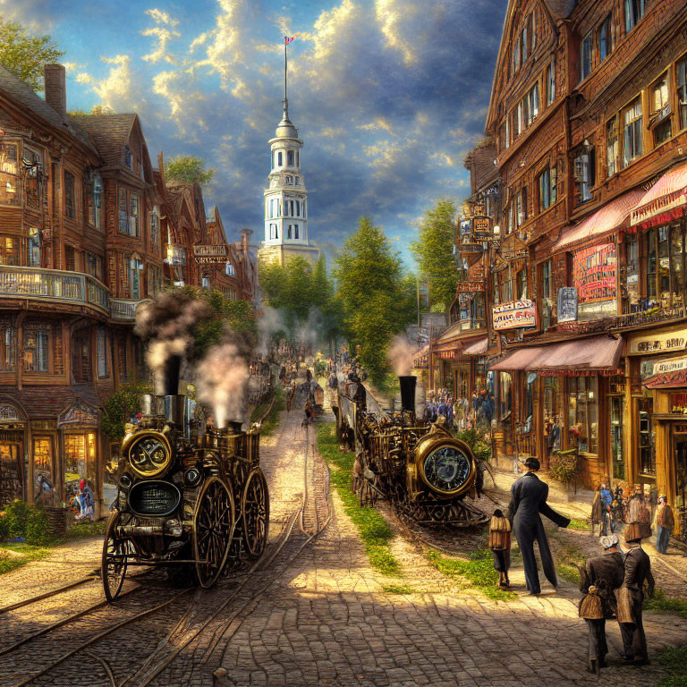 Vintage street scene with cobblestones, steam locomotives, pedestrians in period attire, and quaint