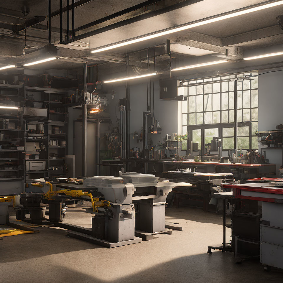 Spacious industrial workspace with tools, windows, and machinery