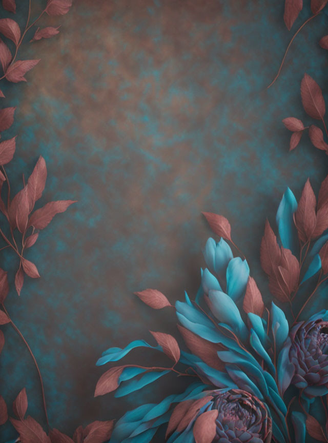 Vivid blue flowers and rust-colored leaves on textured teal background
