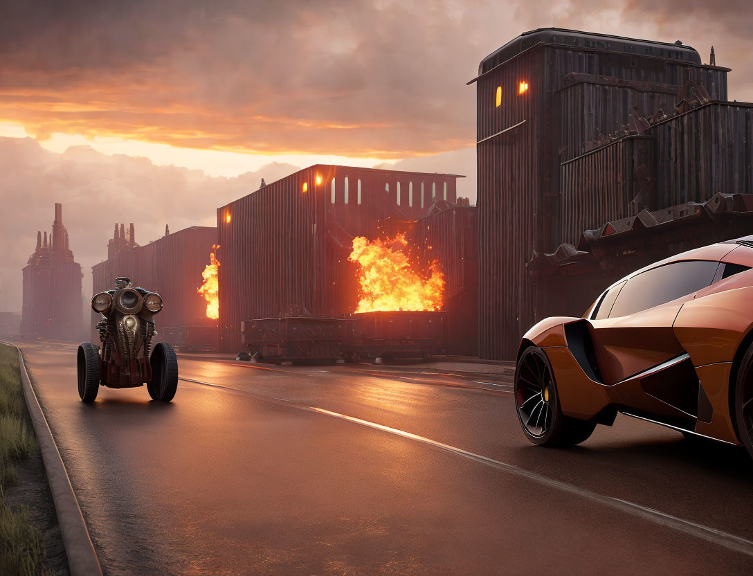 Futuristic orange car racing old-fashioned car near burning structure & sunset sky