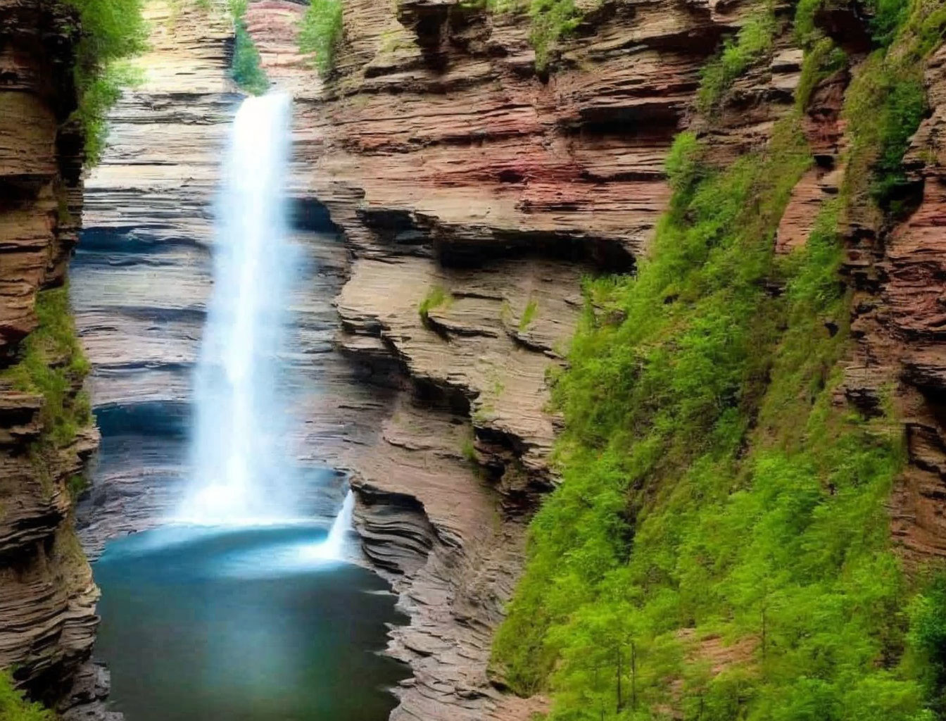 Tranquil waterfall on steep rock cliff amid lush greenery